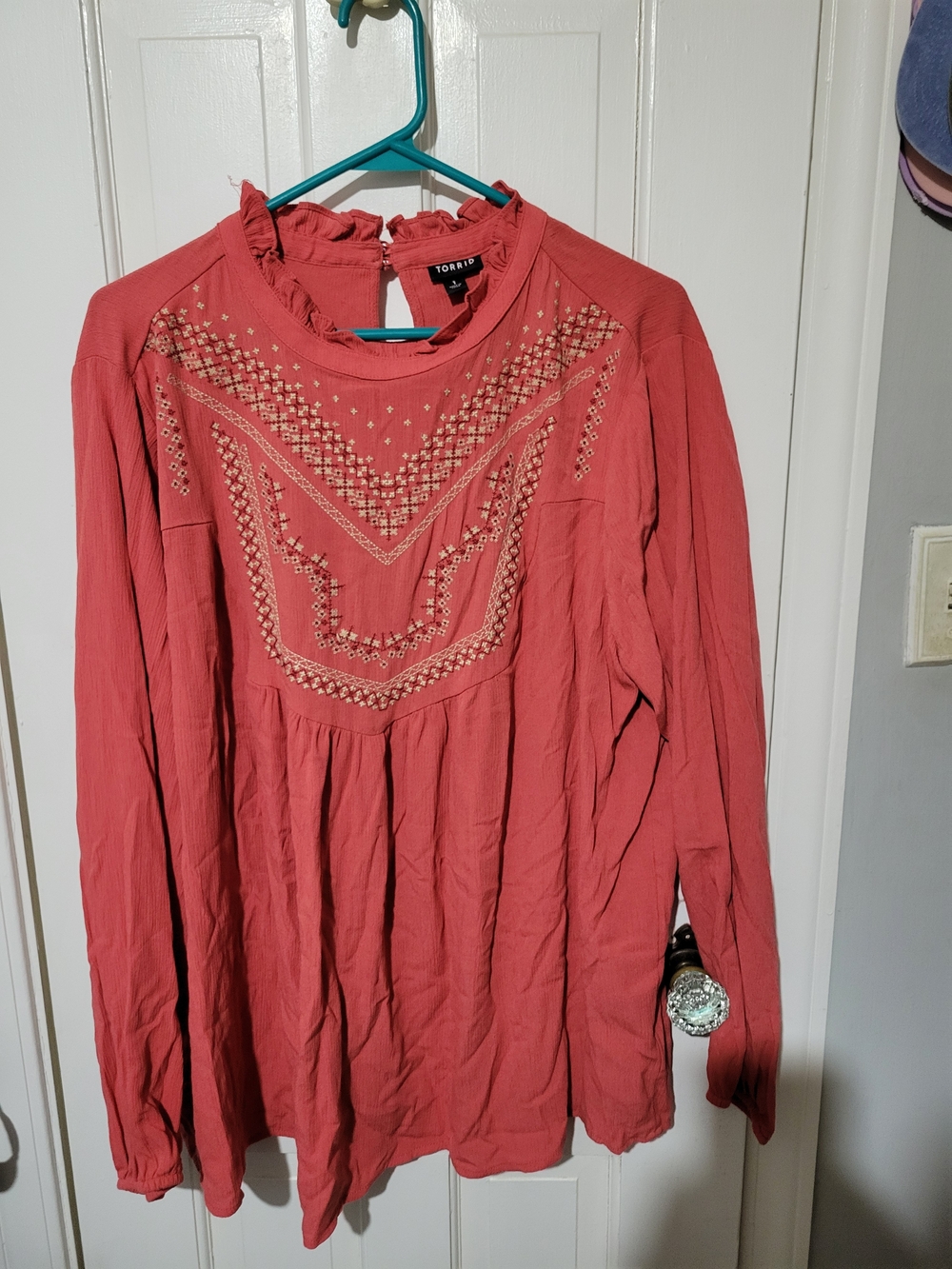 torrid Coral Ruffle Neck Embroidered Top